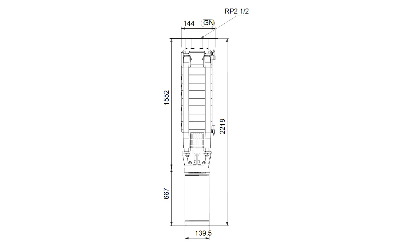 Vertikale Grundfos Brunnenpumpe, technische Zeichnung mit Maßangaben und Schnittdetails, hohe Effizienz und robuste Bauweise.